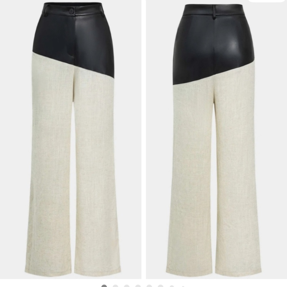 Micas Black and Cream Faux Leather and Linen Wide Leg Pants